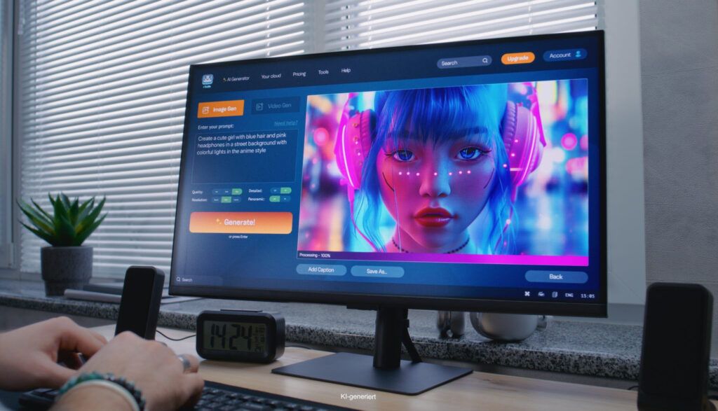 Auf einem PC-Bildschirm sieht man ein KI-generiertes Frauengesicht. Hände tippen auf die Tastatur.