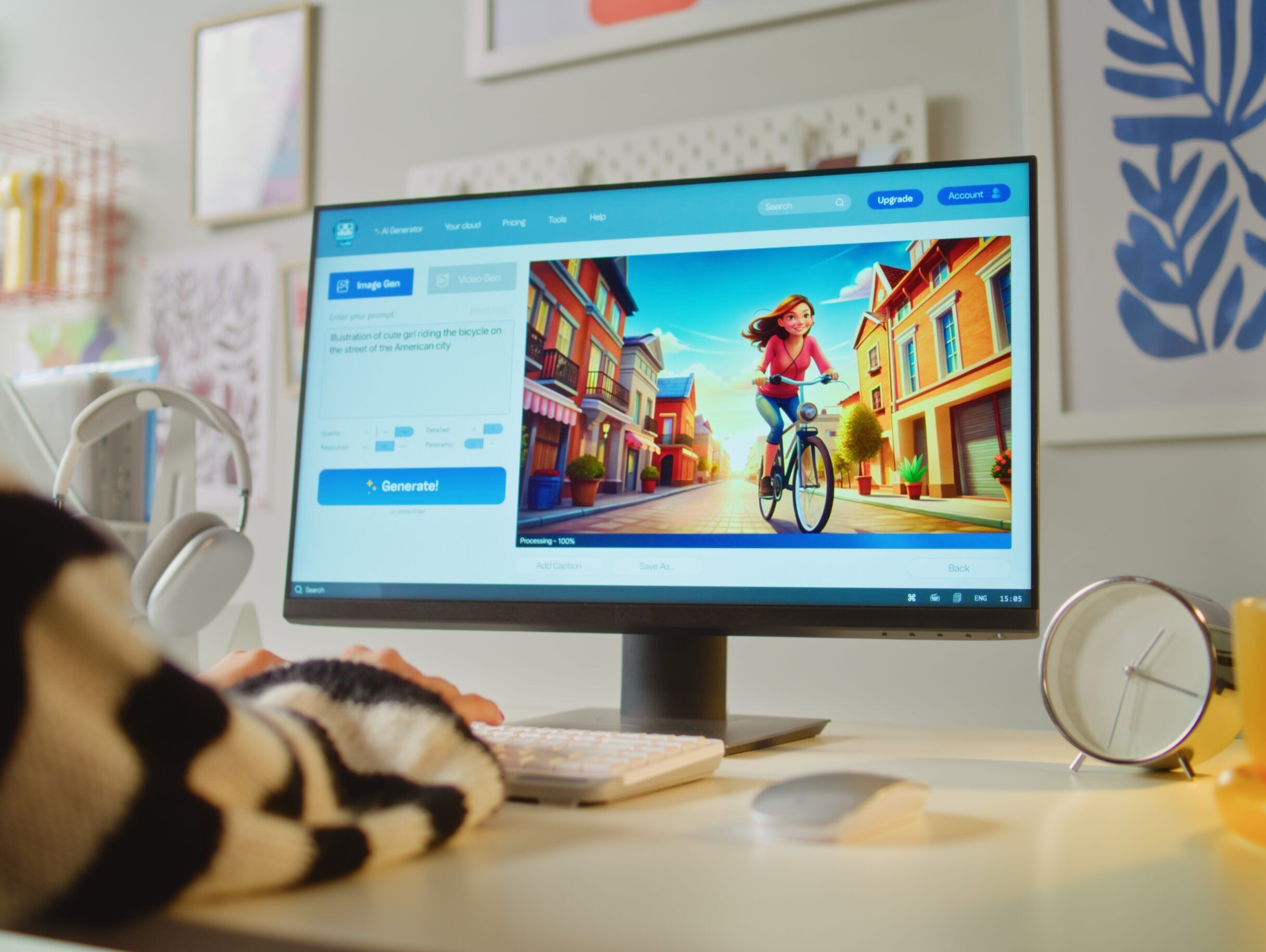 Bildgenerierung mit KI an einem PC in einer Kreativagentur.
