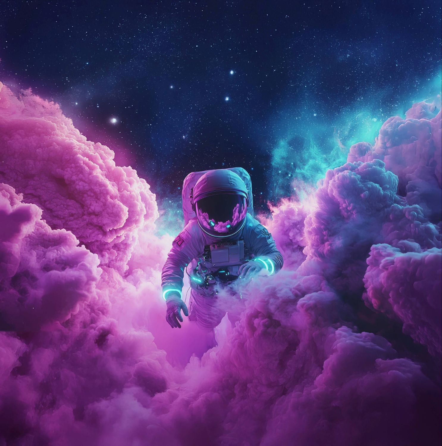 Ein Astonaut läuft durch violette Wolken im Universum.