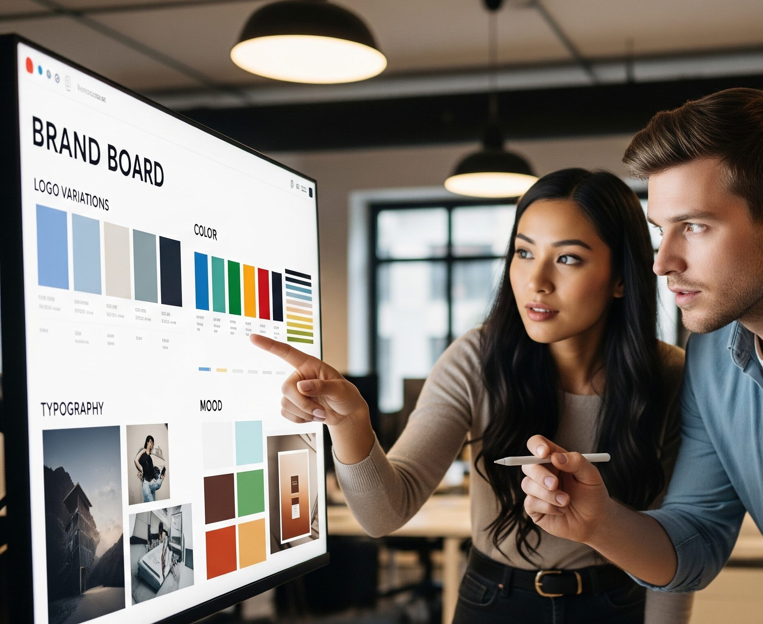 Ein Team, bestehend aus einer Frau und einem Mann, arbeitet vor einem Monitor und bespricht das Corporate Design, indem sie sich Farbvariationen ansehen.