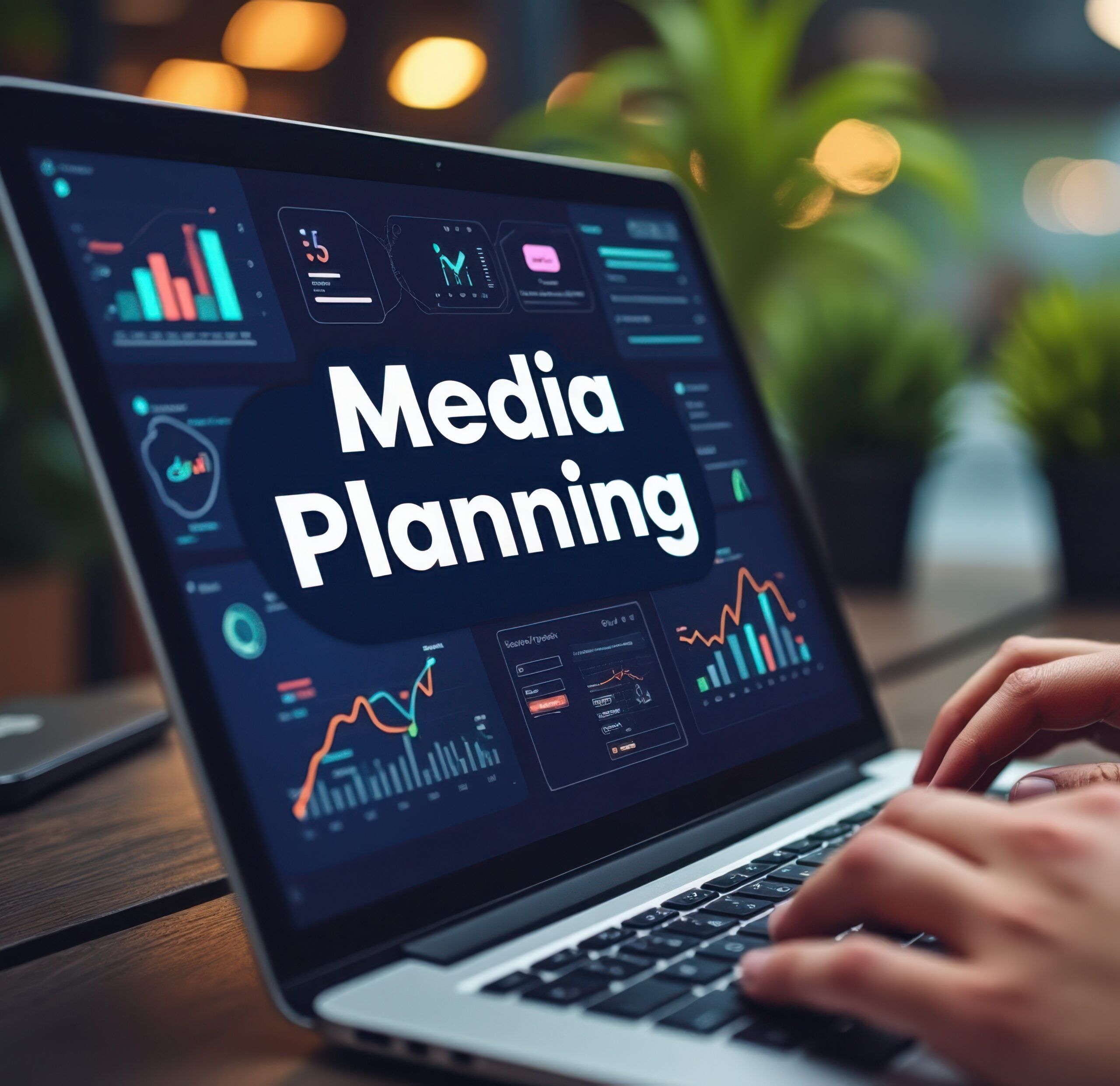 Zwei Hände tippen auf die Tastatur eines Laptops, auf dessen Bilschirm "Media Planning" steht.