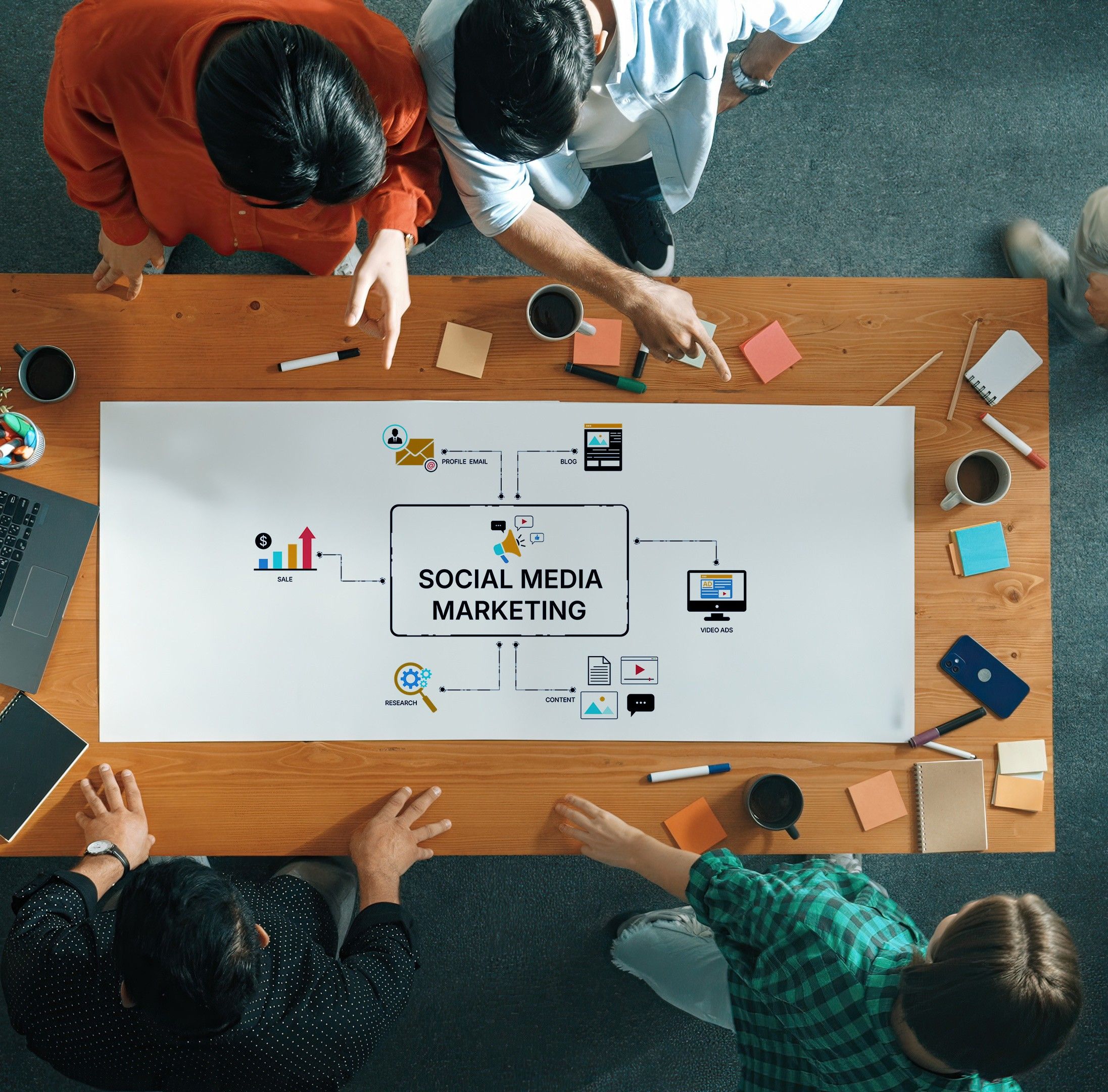 Social Media Marketing Strategiegespräch in einer Agentur.