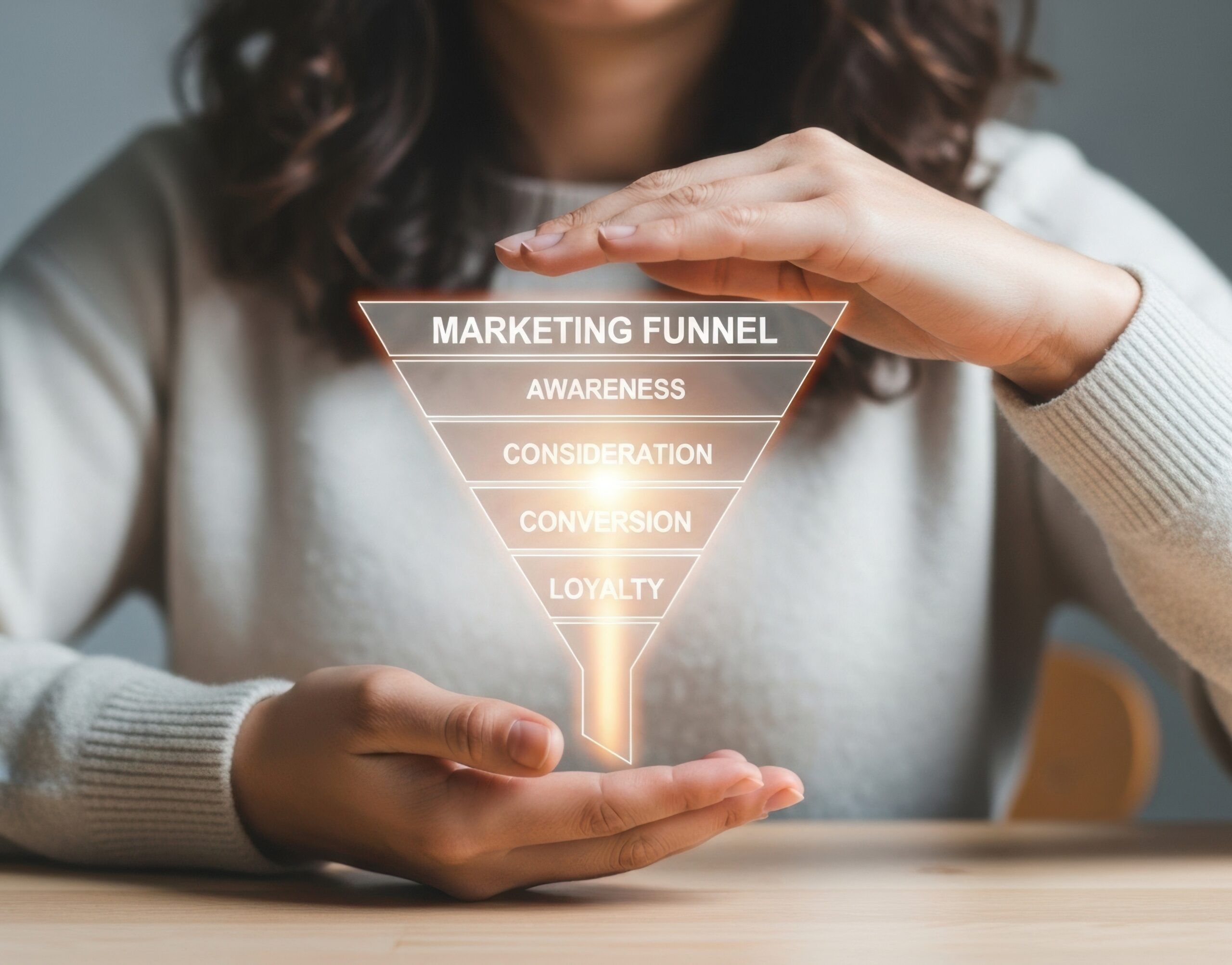 Eine Frau hält das Hologramm eines Trichters zwischen ihren Händen. Auf dem Trichter sieht man die Phasen des Funnel Marketings.