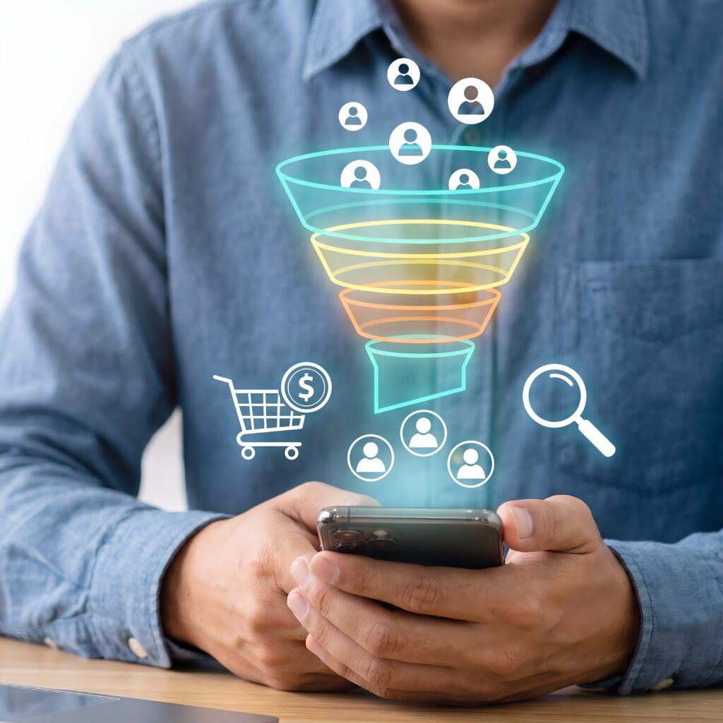 Mann am Mobiltelefon, über dem Telefon schweben ein virtueller Marketing-Funnel, Einkaufskorb, Lupe und Personen-Icons
