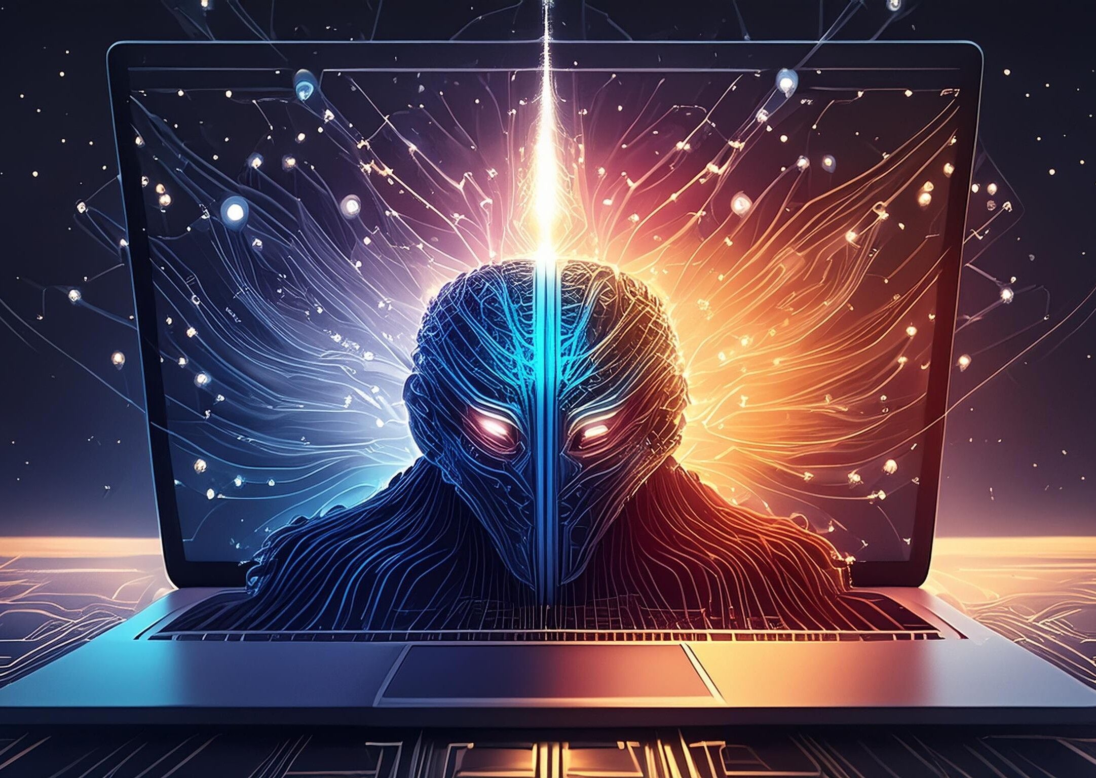 Auf dem Bildschirm eines Laptops ist eine monströse Gestalt aus Daten zu sehen.