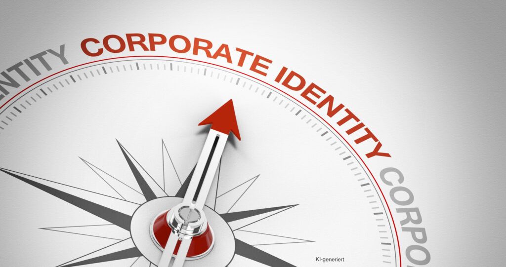 Ein Kompass, dessen Nadel auf den Begriff "Corporate Identity" zeigt.