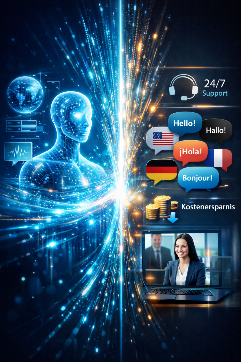Veranschaulichung der Vorteile von KI-Avataren. Links ist ein Hologramm zu sehen. Rechts steht "Hallo" in mehreren Sprachen, reduzierte Kosten und 24/7-Verfügbarkeit.