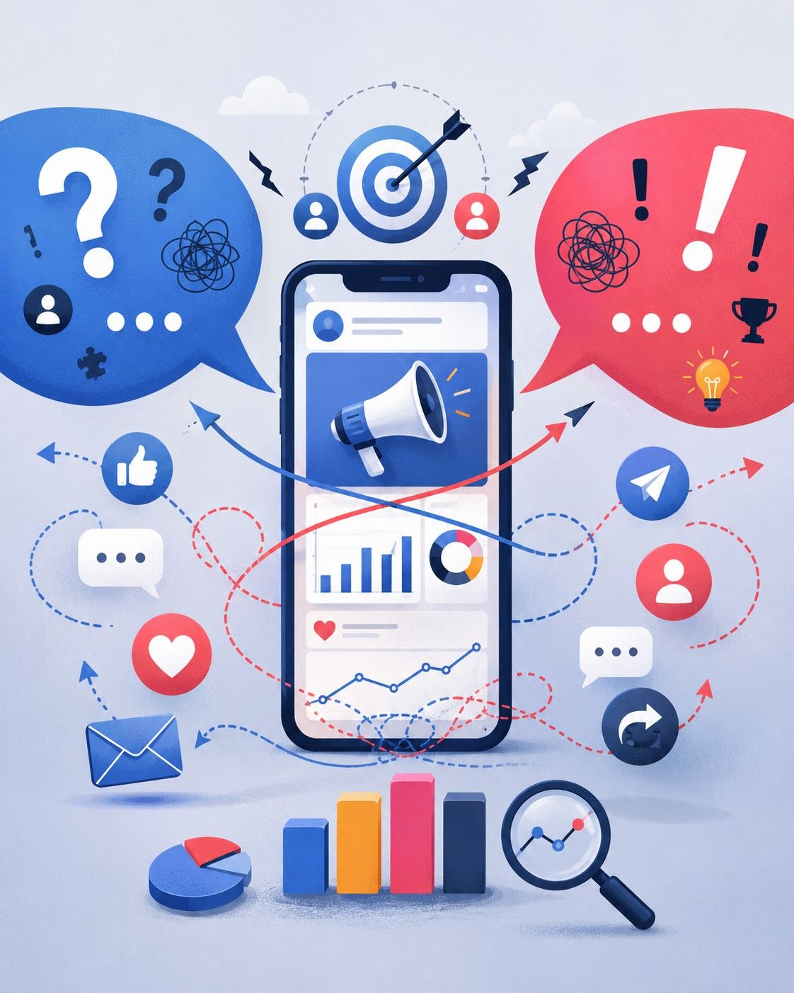 Eine Graphik, die die Missverständnisse zum Thema Social Media Kampagnen veranschaulichen soll. Man sieht ein Smartphone mit mehreren Sprechblasen drum herum.