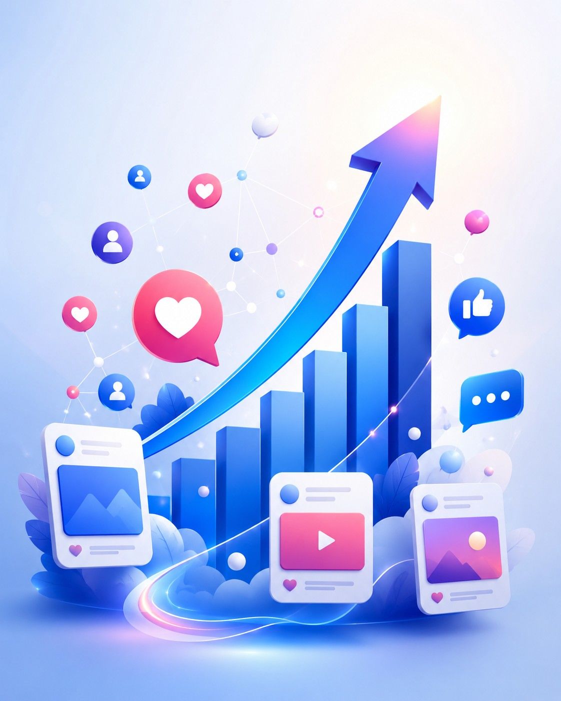 Eine Graphik, die das positive Wachstum durch Social Media Kampagnen veranschaulichen soll. Man sieht Postings und mehrere Social Media Icons.