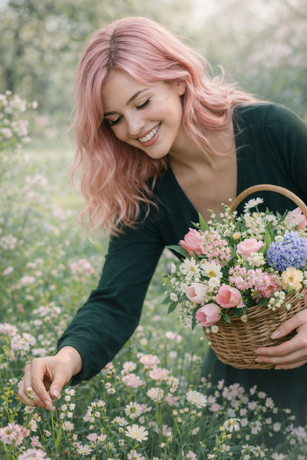 Eine junge Frau mit rosa Haaren pflückt bunte Blumen und sammelt diese in einem geflochtenen Korb.