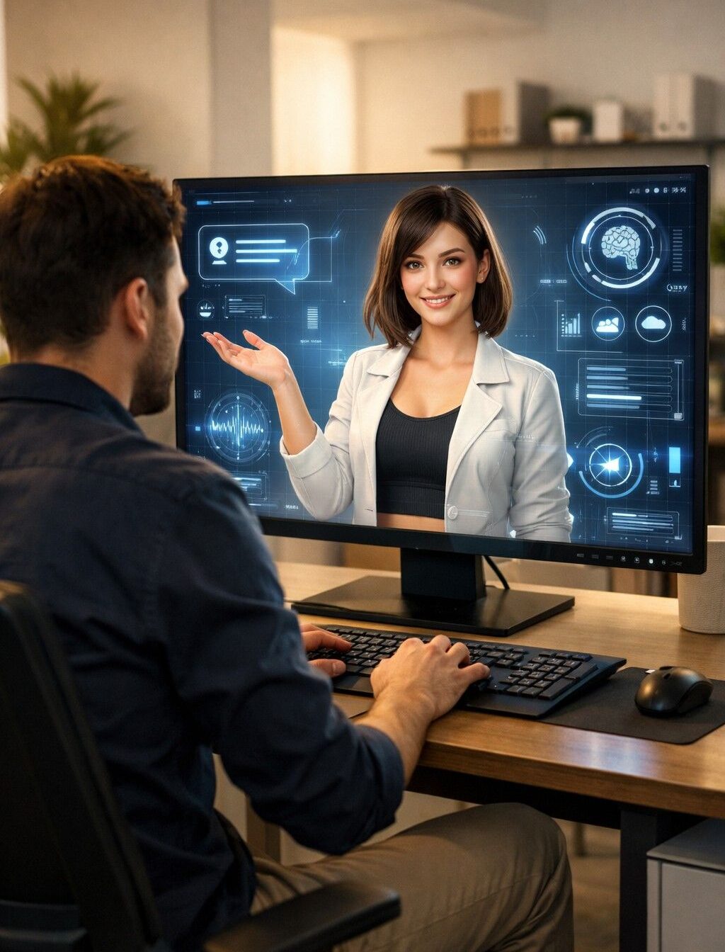 Ein Mann sitzt an einem Schreibtisch und erstellt einen weiblichen KI-Avatar am PC.
