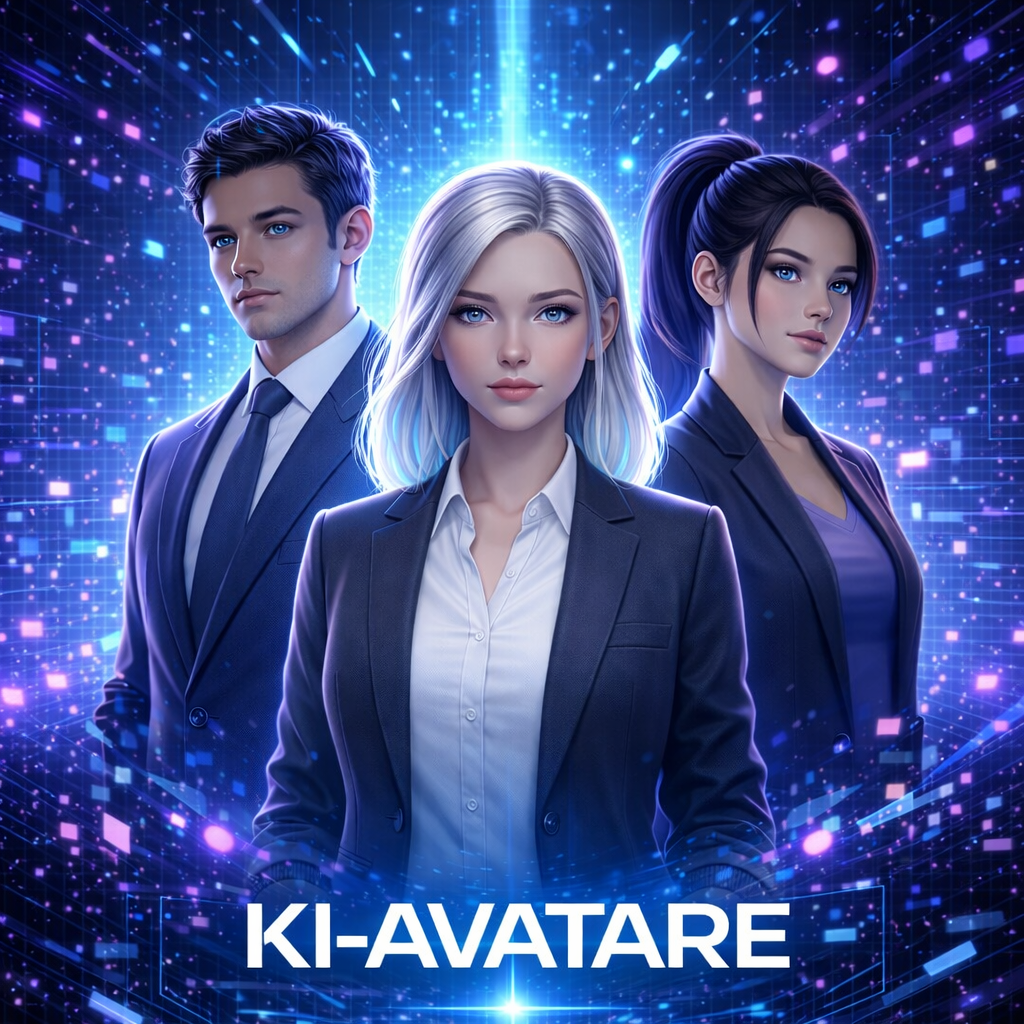 Drei KI-Avatare vor einem futuristischen Hintergrund