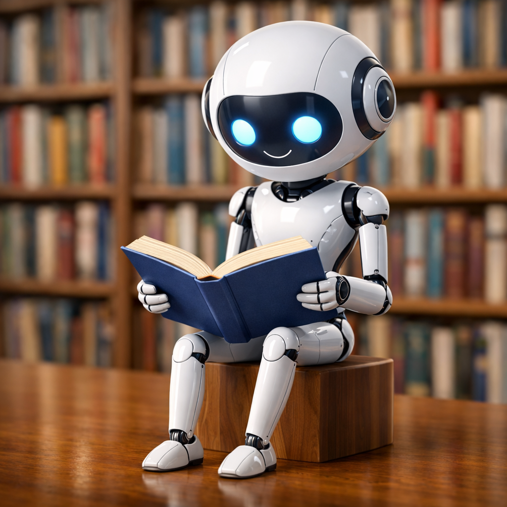 Ein Roboter sitzt in einer Bibliothek und liest ein Buch.