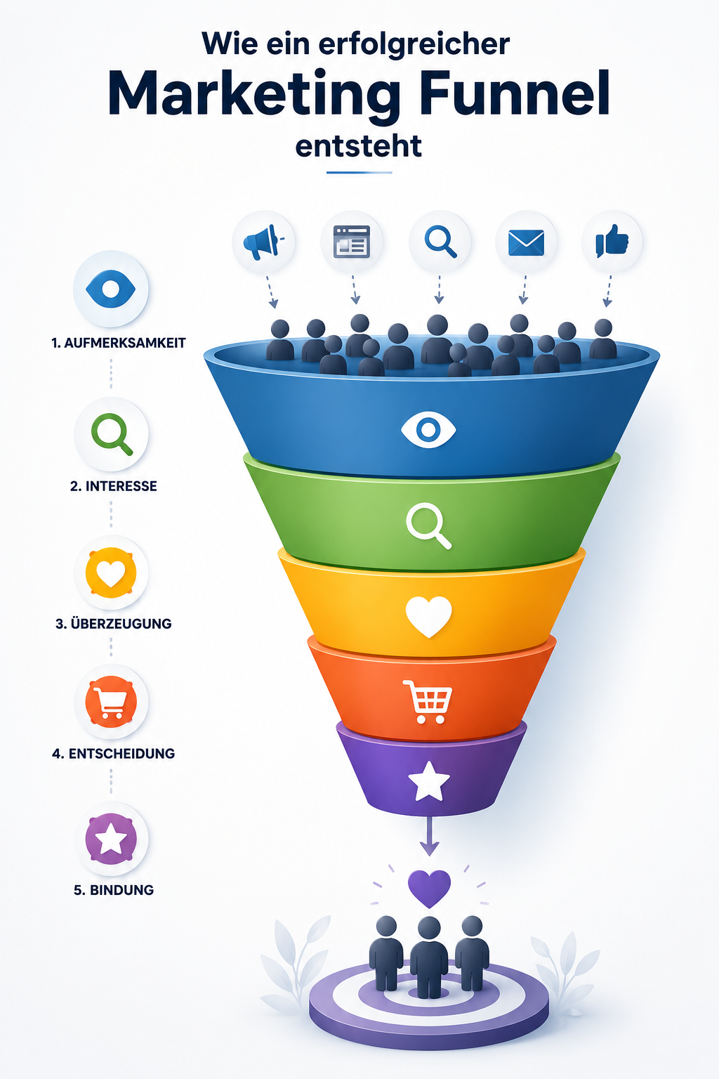 Grafik zum Thema Funnel Marketing mit verschiedenen Symbolen und Erläuterungen.