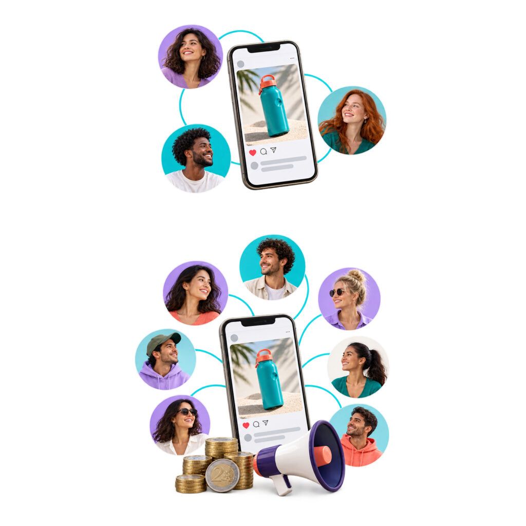 Mobiltelefone mit Avatar-Icons, Bargeld und einem Sprachrohr