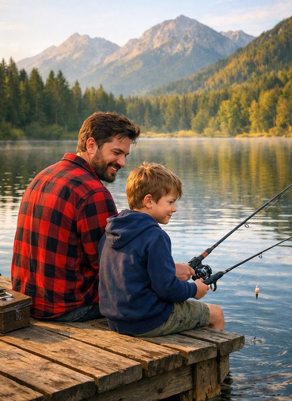 Ein Vater im karierten Hemd und sein Sohn sitzen auf einem Steg und angeln am See.