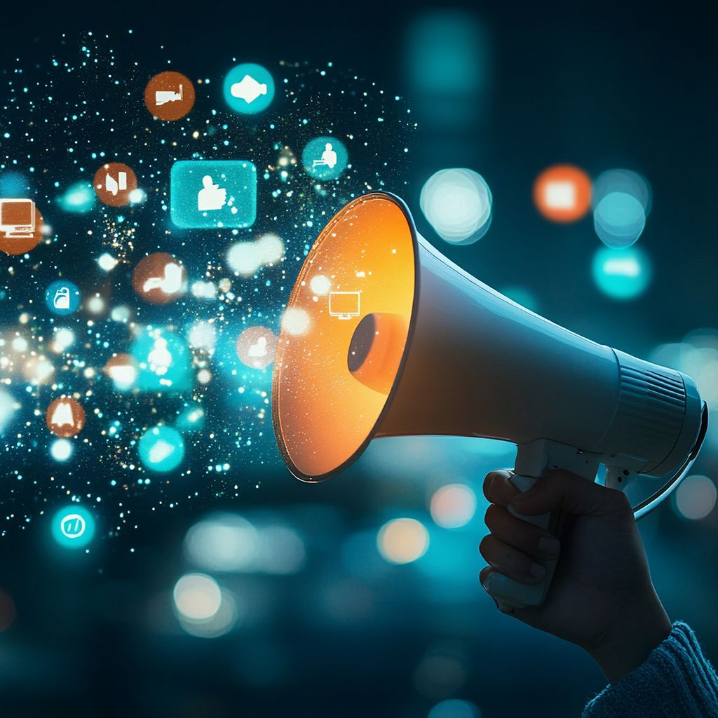 Hand hält ein Megafon mit Social Media Icons